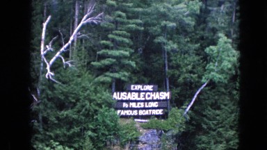 1964: sign standing alone right in the middle of the forest. NIAGRA FALLS