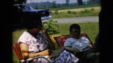 1957: family outdoor picnic together many couples sitting talk PENNSYLVANIA