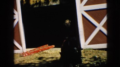 1957: a silhouette of a little girl riding a horse near a barn PENNSYLVANIA