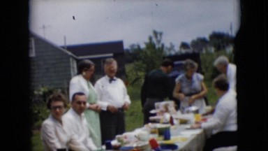 1957: outdoor feast people picnic happy posing PENNSYLVANIA