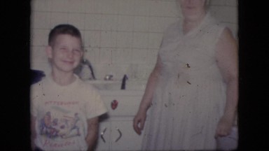 1964: funny kid and bunny mom standing in the room and waving hands PHILADELPHIA