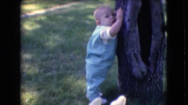 1966: little baby hanging onto a tree in the backyard. ATHENS OHIO