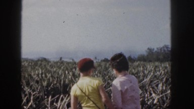 1961: the family walking down the path in the rural america. HAWAII