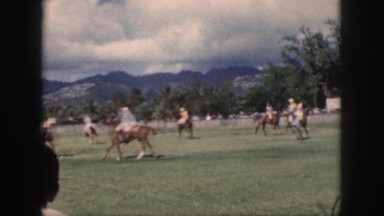 1961: men sitting on horses playing hockey on the grassy ground HAWAII