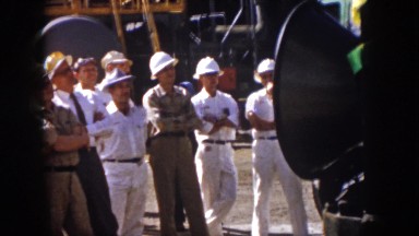 1958: crew listening to manager preparing for work VIRGINIA