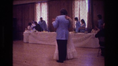 1974: couple dance ballroom party romantic dress gown blazer photography around