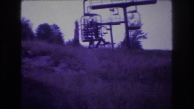 1976: boy cries on chair lift at the mountain. MT BROMLEY VERMONT