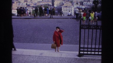1967: woman with a beautiful dress standing and posing outdoor PARIS FRANCE