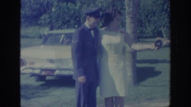 1967: happy newlyweds enjoying themselves while standing in park OKLAHOMA