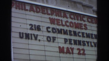 1972: welcoming sign for the university of pennsylvania commencement.