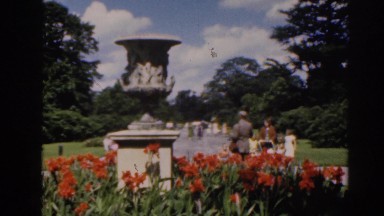 1961: people walking on the road along with the kids watching beautiful flowers