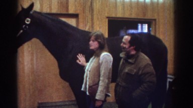 1976: Various People Standing Inside Horse Stable Next to Brown Horse Watkins Glen