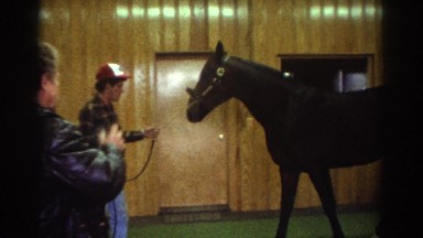 1976: man leading his winning racer to a room to be photographed by a friend.
