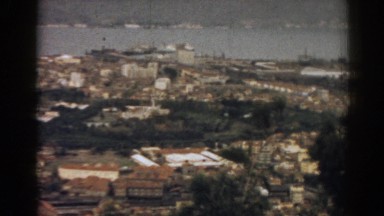 1962: a few buildings surrounded by rows of dark trees is the center of a river