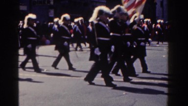 1962: marching band parades down street in belfast, northern ireland. NEW YORK