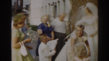 1963: traditional church summer wedding: entrance of bride, flower girl and ring