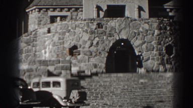 1938: black and white footage of old brick church-like building in america