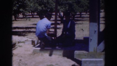 1937: two men fixing something in park engrossed trees around
