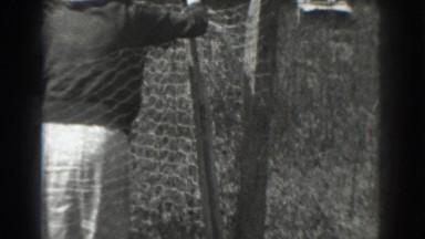 1937: a farmer holding a bucket by the fence surrounding a cornfield VACAVILLE