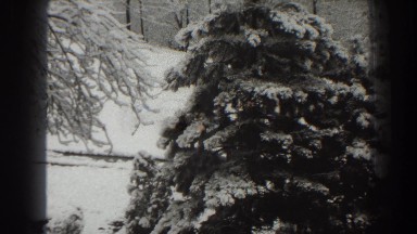 1938: snow coats the sloping ground and trees clinging to a mountain side