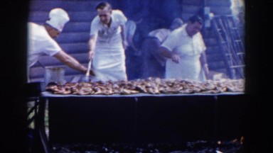 1957: chefs preparing meat outside WHEELING OHIO