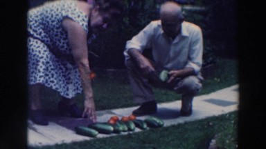 1964: An Old Man and Woman Line Up Garden Produce on Sidewalk