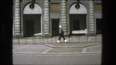 1975: Guard Walking Outside Historic Stone Building in Stockholm