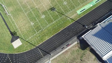 airplane view of a football field. COLORADO