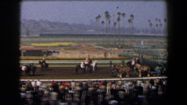 1958: a crowd gathers to watch an equestrian event in the desert. CALIFORNIA