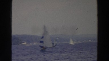 1966: father and child standing near to a lake with many yachts WISCONSIN