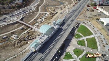 Colorado, United States: An Aerial View of an Urban Railroad Station as a Train Departs