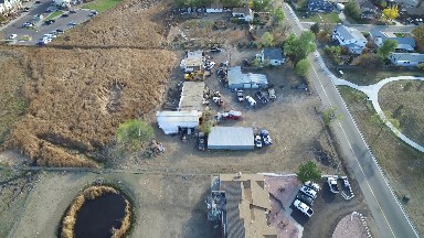 aerial view of a small town, overlooking the main highway