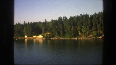 1975: tall green trees lining a body of water with houses on the shore SWEDEN