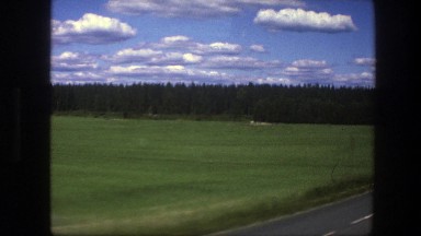 1975: a green field of gass running along the side of the road SWEDEN