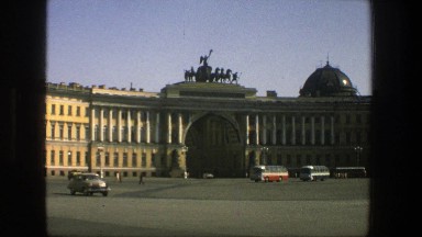 1975: monument building with statue of horses and carriage on top DENMARK