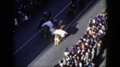1951: group of animals and people walking down the middle of a road
