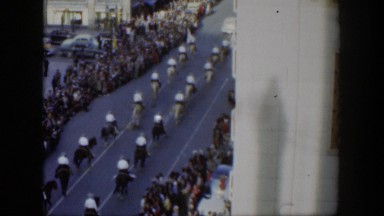 1951: a crowd watching a traditional cowboy parade downtown in the city TEXAS