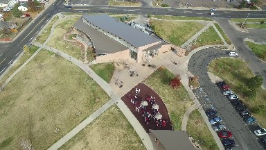 aerial view of large building in the city. COLORADO