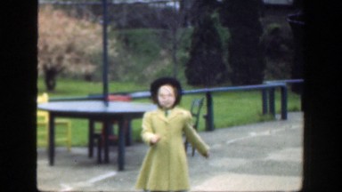 1949: little girl marching right into the camera. CINCINNATTI OHIO