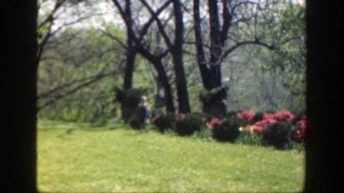 1949: Multicolor Bushes in a Garden Like Area Girl Running Towards Cincinnati