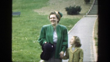1949: Mother and Daughter Walking Down Sidewalk, Cincinnati Ohio