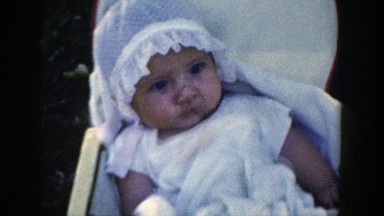 1954: cute little baby in a bouncy chair WISCONSIN DELLS WISCONSIN