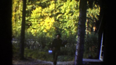 1936: man holding shovel walking through dense forest area CALIFORNIA