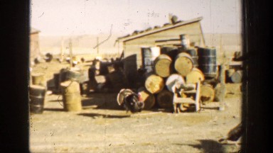 1936: a turkey walking in front of a stack of barrels at a farm CALIFORNIA