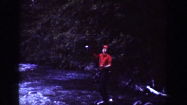 1939: a man in red going fishing at the river CHELAN WASHINGTON