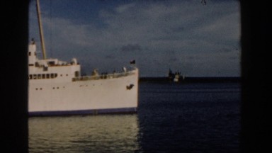 1960: the camera pans along a long white cruiseship MIAMI, FLORIDA