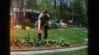 1961: woman stands behind flower border and highlights individual blooms