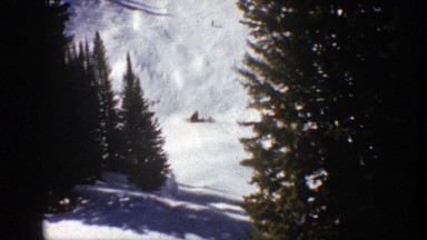 1961: small snow covered hills with young conifers adjacent and skier in the