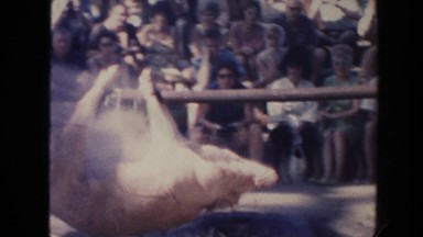 1961: A Seated Crowd Gathers Around a Fire-Pit as a Pig is Being Roasted on a Spit