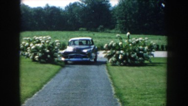 1959: Driver and Passengers Turn onto Paved Driveway Between Lawn and Flowering Bushes